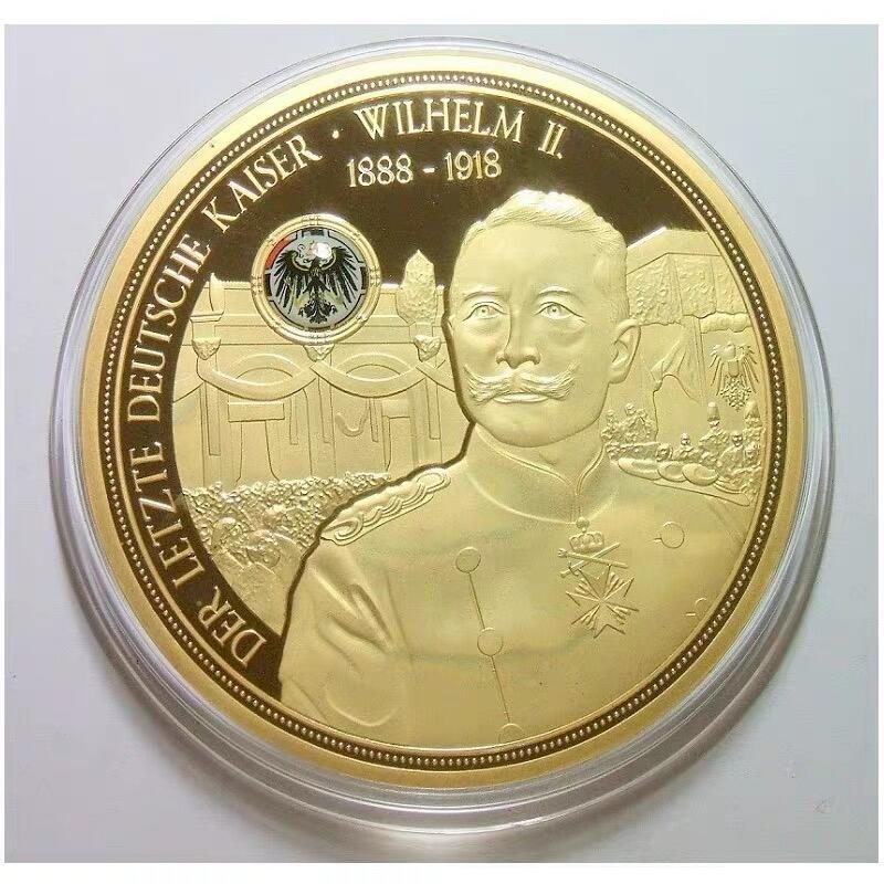 【艺术】德国艺术大章 威廉二世+鹰徽 高浮雕精制彩色超大镀金章 70MM 121克