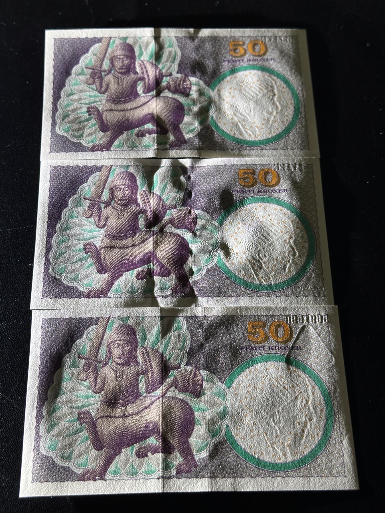 《外钞收藏家》第六百二十六期（精品场）（长期征集拍品、欢迎藏友们联系合作） 丹麦浮雕版50克朗3张不同年份不同签名（含1999年初版；绝品） 	绝品