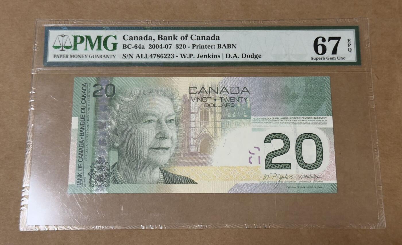 【礼羽收藏】🌏世界钱币拍卖第132期 加拿大旅版20加元04年初版PMG67分