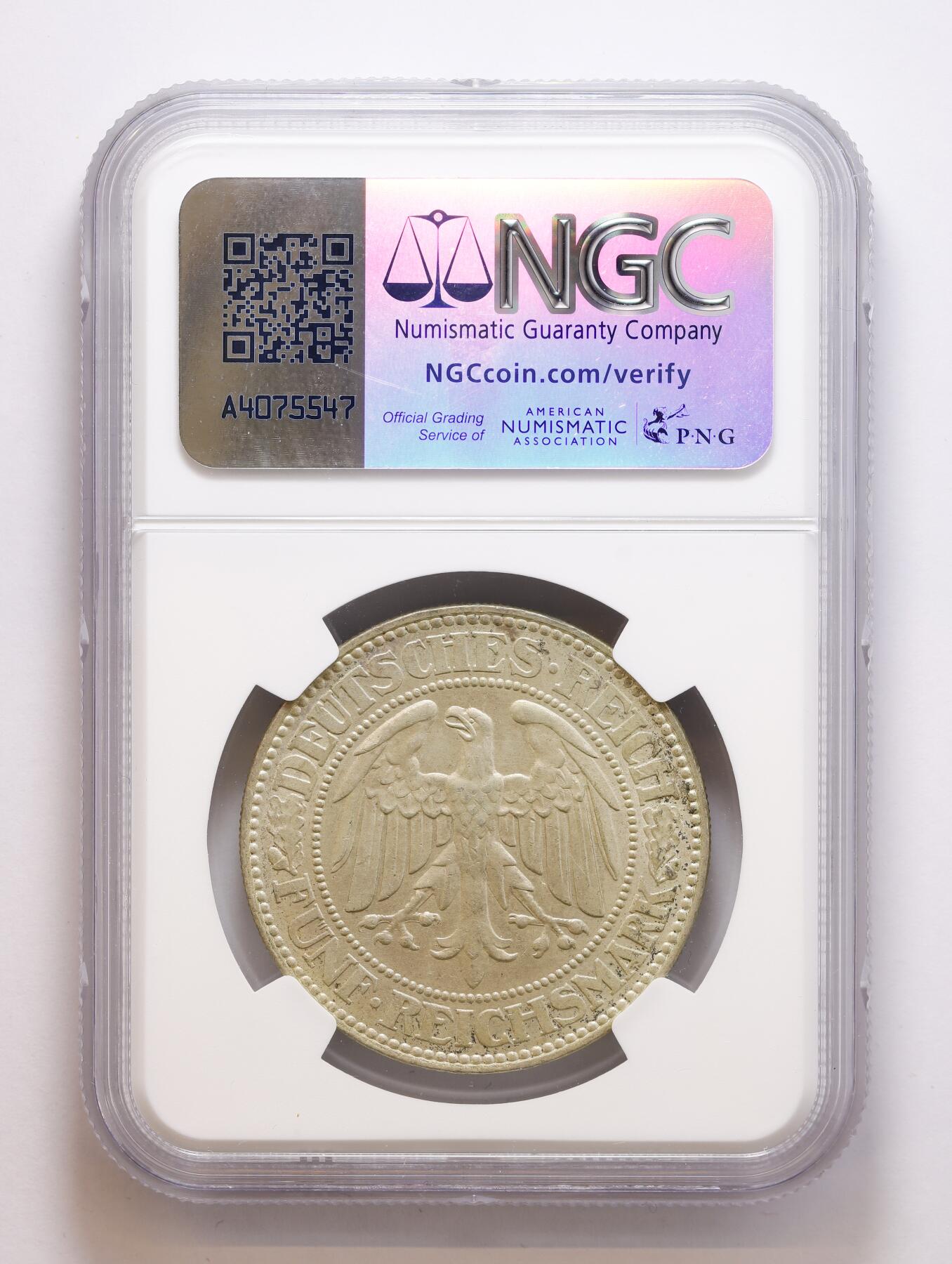 观钱 近现代机制币拍卖No.008（全场顺丰包邮，不区分偏远地区）  1929A 德国魏玛共和国 “橡树” 5 马克银币 NGC MS62