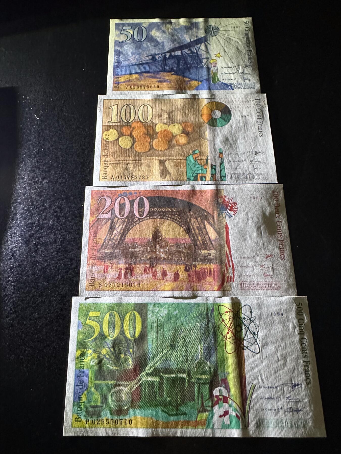 《外钞收藏家》第六百二十六期（精品场）（长期征集拍品、欢迎藏友们联系合作） 法国末版50-500法郎 四张一起 全新 500法郎轻微可忽略荧光反应