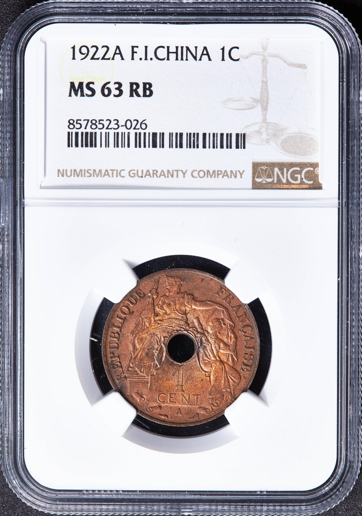 【俄甄集藏】满园春色-2026年(051)04-22星期三 晚 19:30 全场包邮 法属印度支那1922年A版中孔百分之一（1分）铜币，NGC MS63RB，铸纹清晰，原铜光，比1923少很多