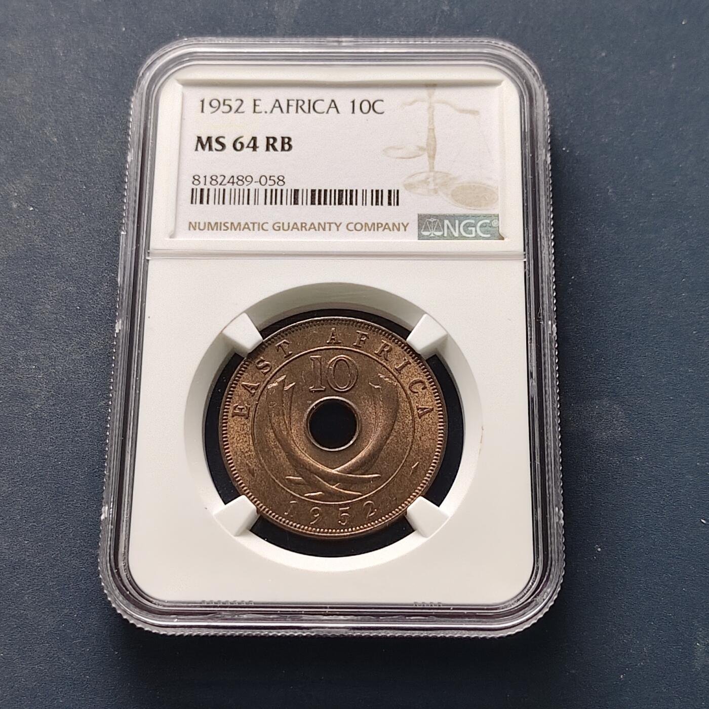 【全场包邮】纯粹捡漏拍521场 【收藏级】英属东非1952年乔治六世10分铜币-NGC MS64 RB（最高分66）