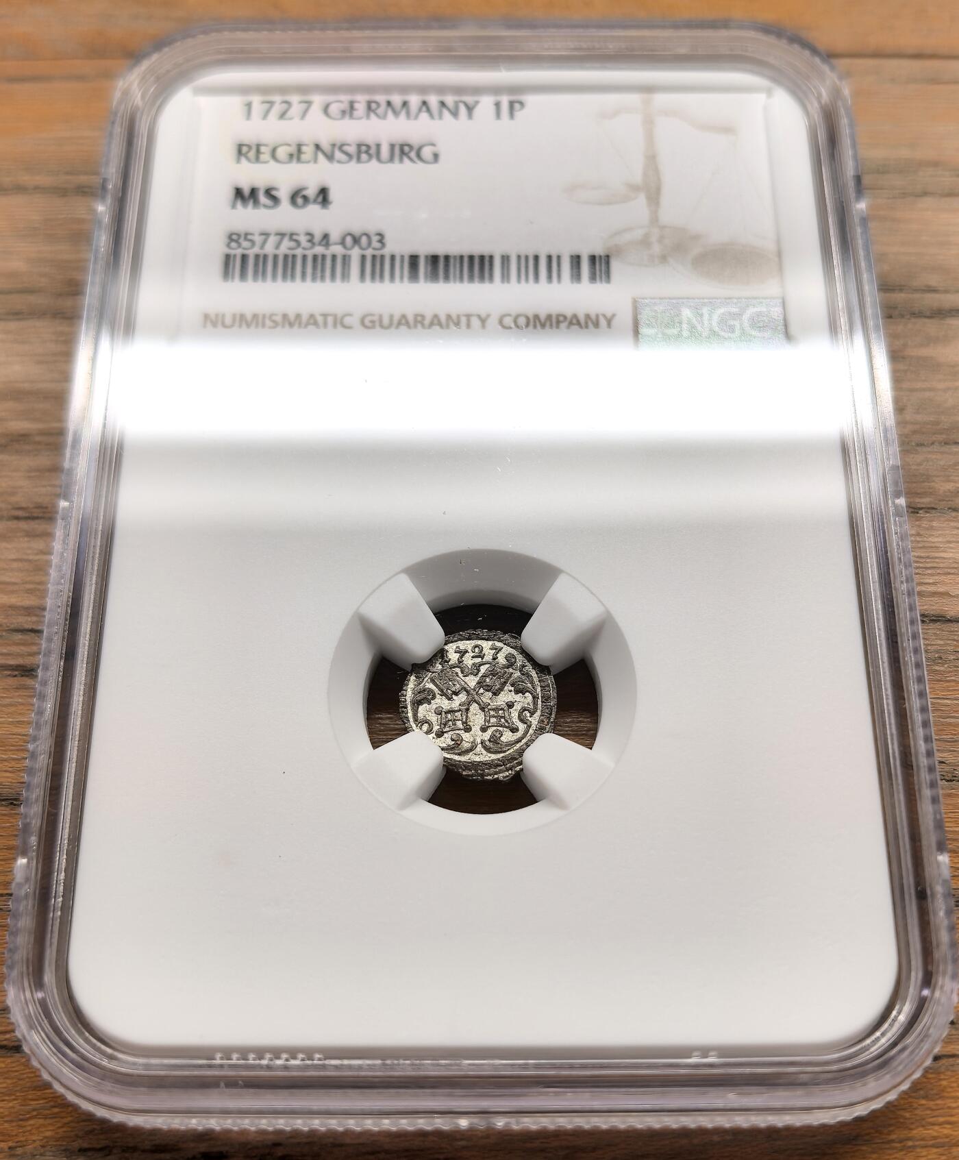 凡希社世界钱币微拍第三百二十二期 1727雷根斯堡自由市1芬尼单面银币NGC-MS64