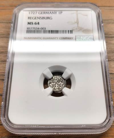 凡希社世界钱币微拍第三百二十二期 - 1727雷根斯堡自由市1芬尼单面银币NGC-MS64