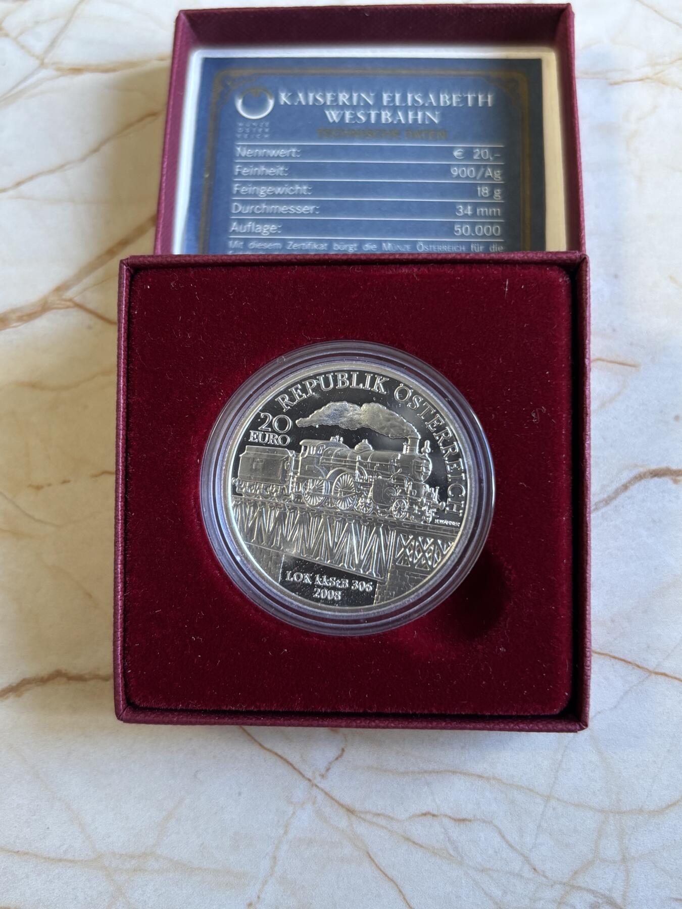 第197期拍卖 奥地利2008年铁路系列4维也纳西火车站纪念银币，900银，18克