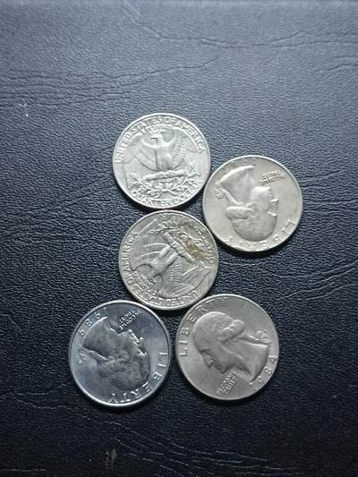 松南世界钱币——260409 - 美国25美分1/4美元镍币5枚2