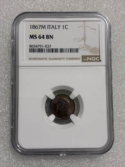 NGC MS64BN 意大利 1867年M 1分 铜币 - NGC MS64BN 意大利 1867年M 1分 铜币