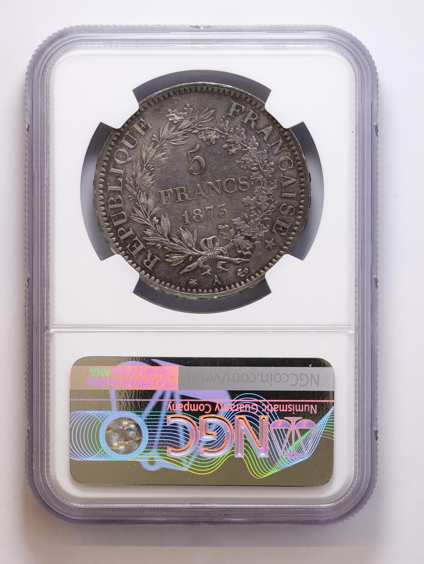 观钱 近现代机制币拍卖No.008（全场顺丰包邮，不区分偏远地区）  1873A 法国第三共和国 5 法郎大力神银币 NGC MS62