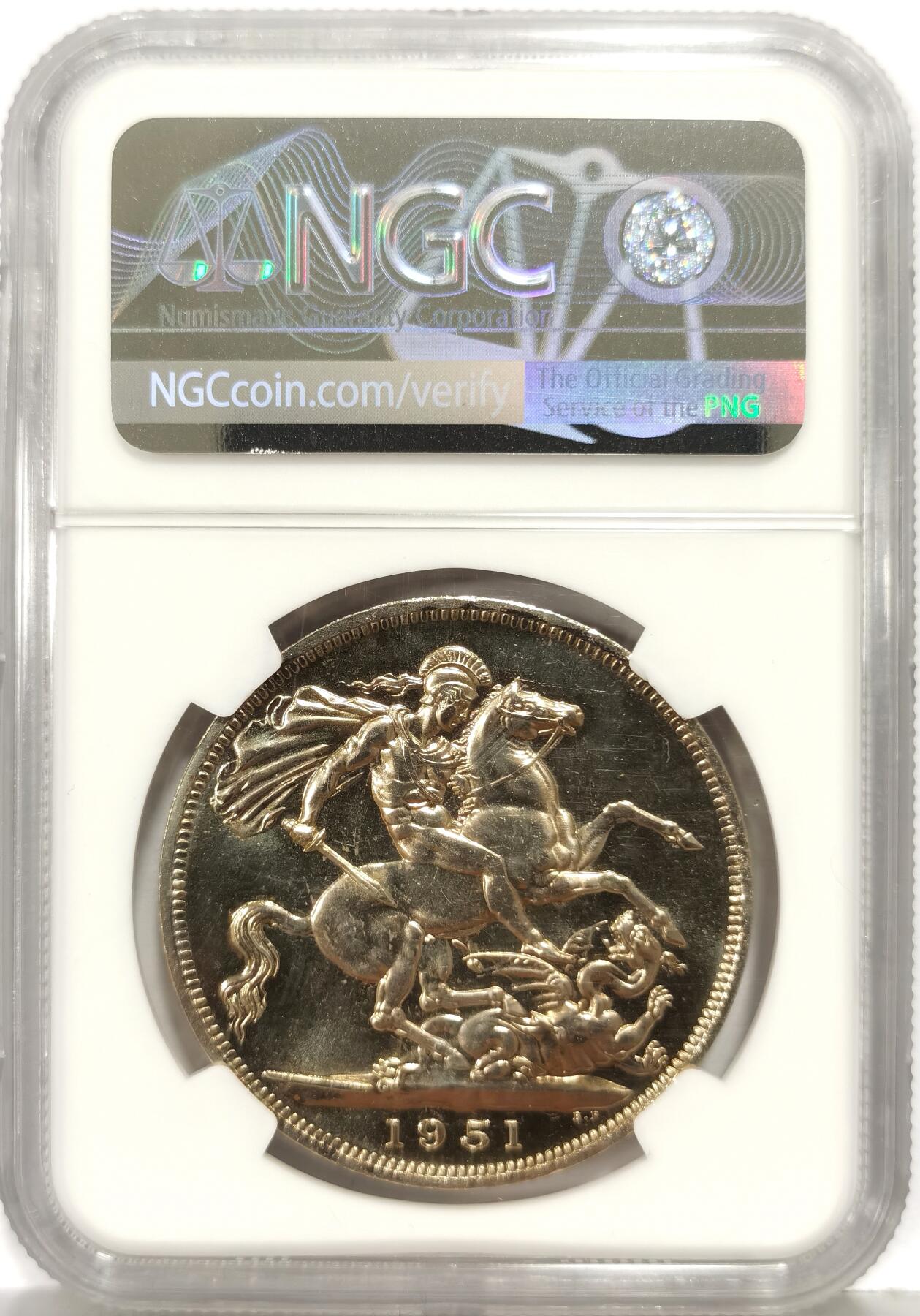 博洋堂世界钱币拍卖第168期（全场包邮） NGC PL65 英国1951年乔治六世马剑克朗镍币 底板类镜面 高分少见 经典圣乔治屠龙图案