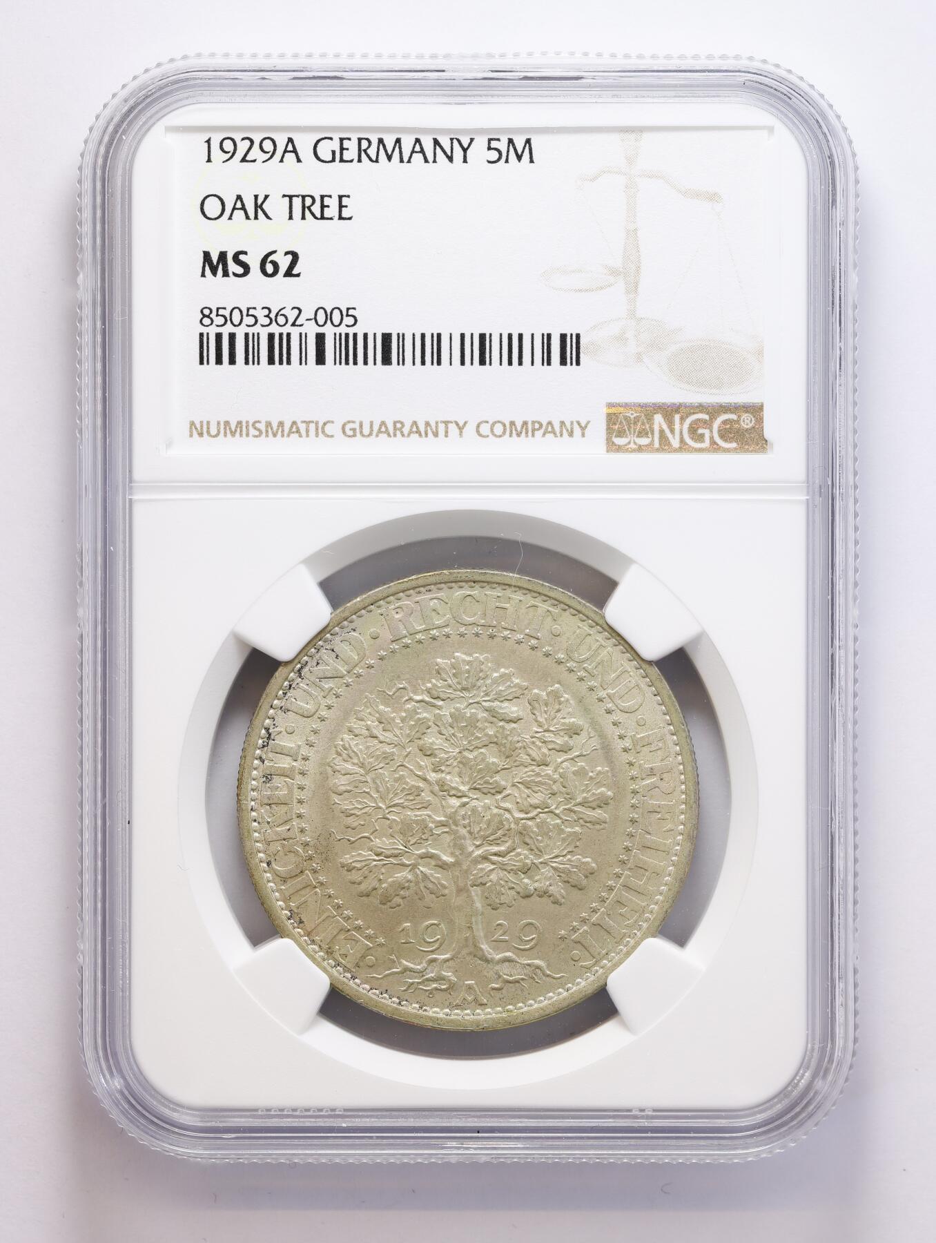 观钱 近现代机制币拍卖No.008（全场顺丰包邮，不区分偏远地区）  1929A 德国魏玛共和国 “橡树” 5 马克银币 NGC MS62