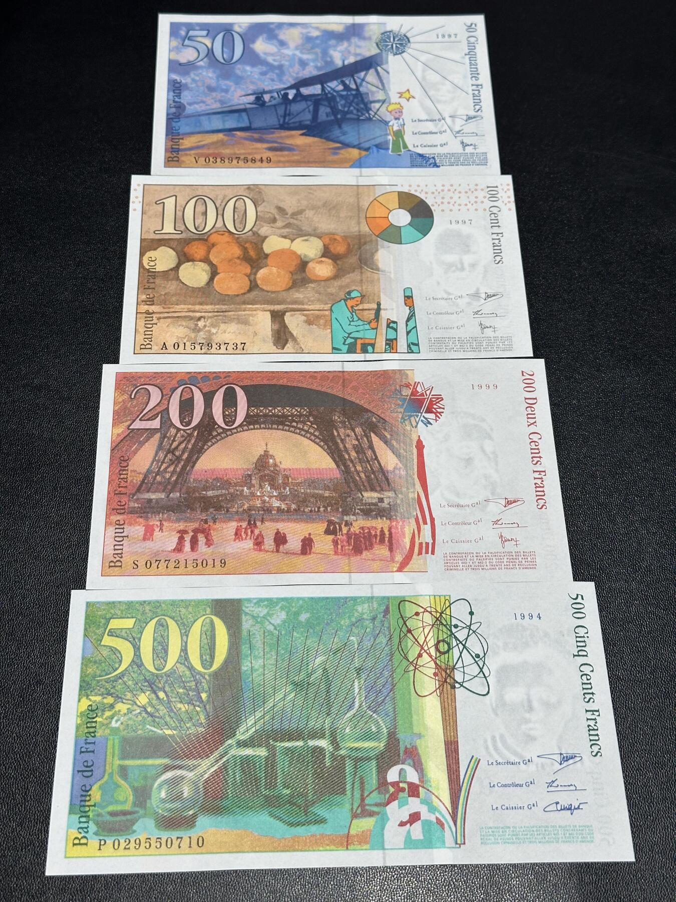 《外钞收藏家》第六百二十六期（精品场）（长期征集拍品、欢迎藏友们联系合作） 法国末版50-500法郎 四张一起 全新 500法郎轻微可忽略荧光反应