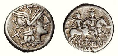 中贸圣佳2026四季・迎春拍卖会 六盈堂藏泉 钱币 证章 卡牌专场 - 古罗马共和时期罗马女神与双子骑士一狄纳里银币 长17.3mm