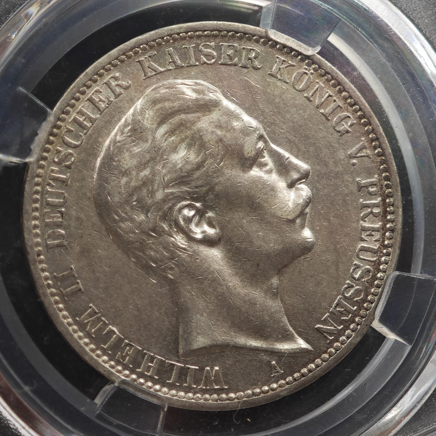 4月11日结束，成斌徽章钱币专场 众诚评级 德国威廉三世3马克银币 圆光品种