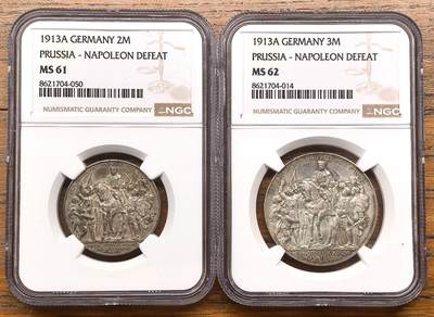 凡希社世界钱币微拍第三百二十二期 - 1913德国普鲁士击败拿破仑2/3马克两枚NGC-MS61/62