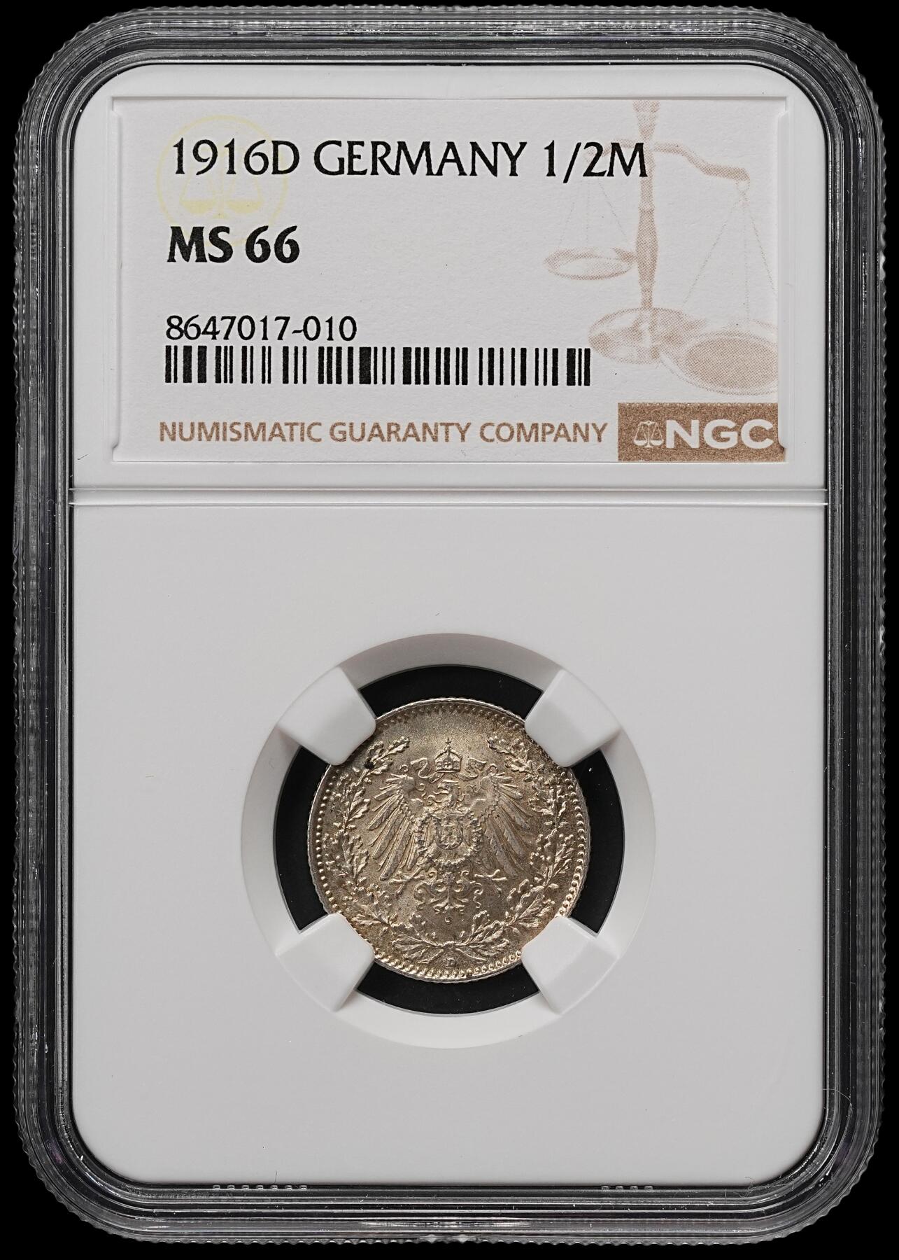 修遠堂世界钱币第111期 NGC MS66 1916年德国1/2马克银币 D厂铭