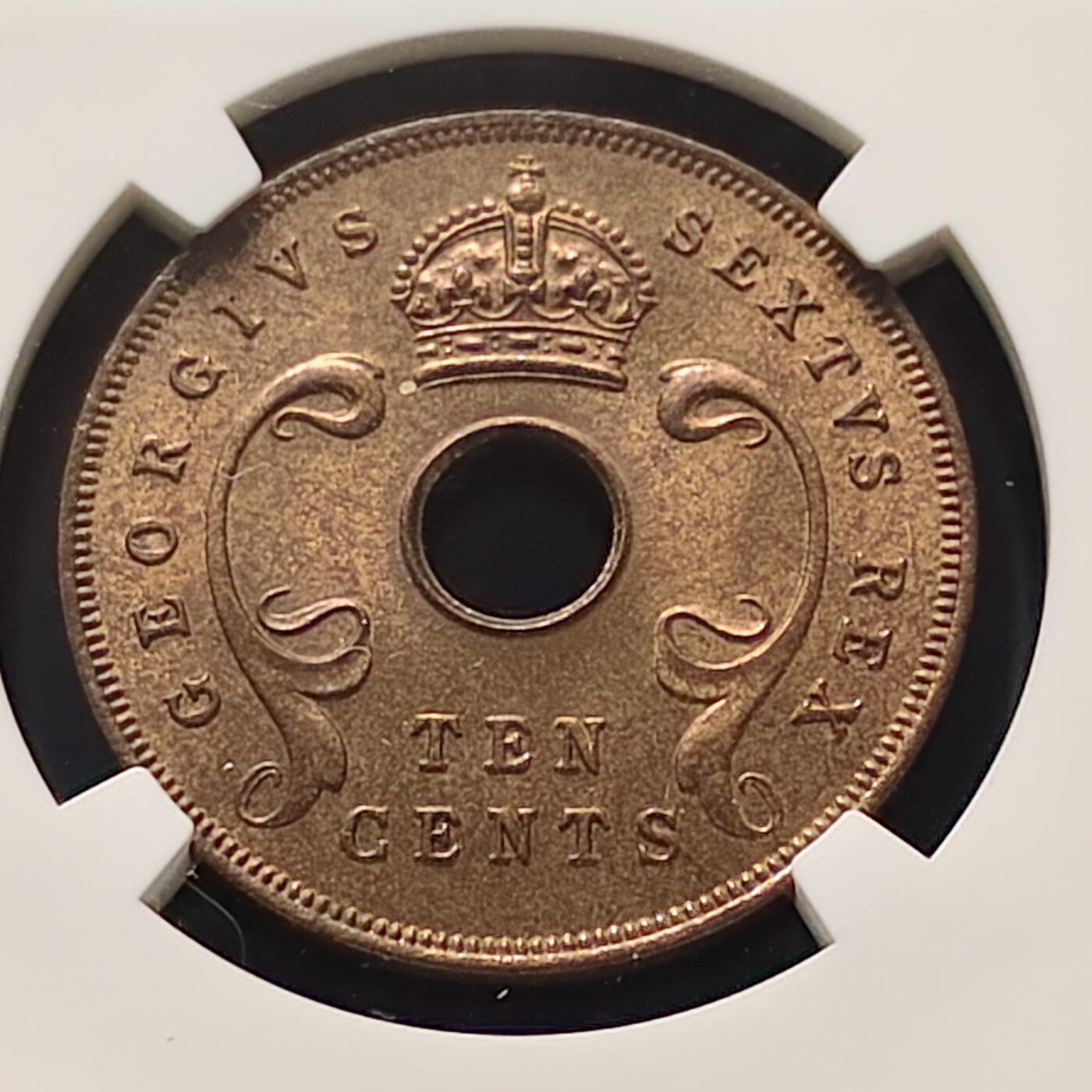 【全场包邮】纯粹捡漏拍521场 【收藏级】英属东非1952年乔治六世10分铜币-NGC MS64 RB（最高分66）