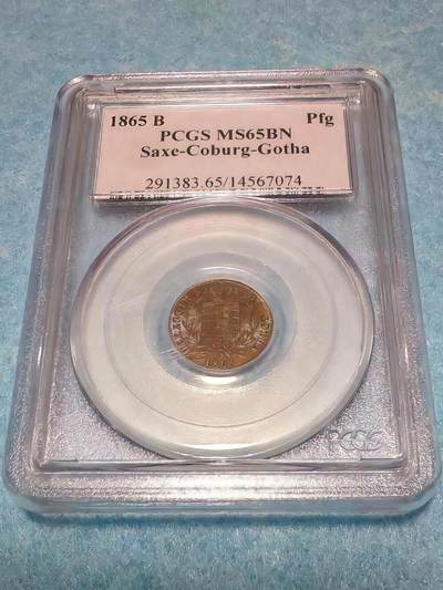 4月10日 🌏全球币章 - 珍品:1865年 德国萨克森-科堡-哥达公国 1芬尼铜币 PCGS MS65BN（B厂）