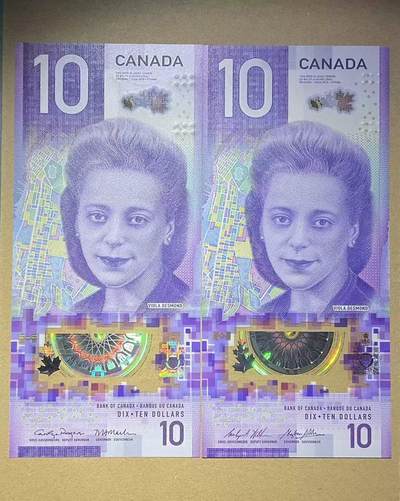 【礼羽收藏】🌏世界钱币拍卖第132期 - 加拿大UNC.10$塑料钞竖版 2018世界最佳获奖钞 一组2张2种签名，无47与无347金马王尾6靓号