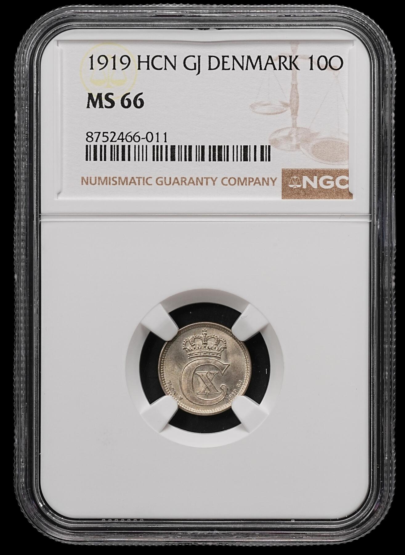 修遠堂世界钱币第111期 NGC MS66 1919年丹麦10欧尔银币