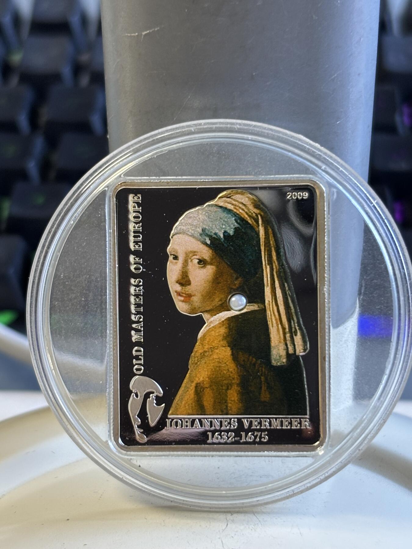 第197期拍卖 库克2009戴珍珠耳环的少女弗美尔镶珍珠矩形银币,925银，25克，发行5000枚