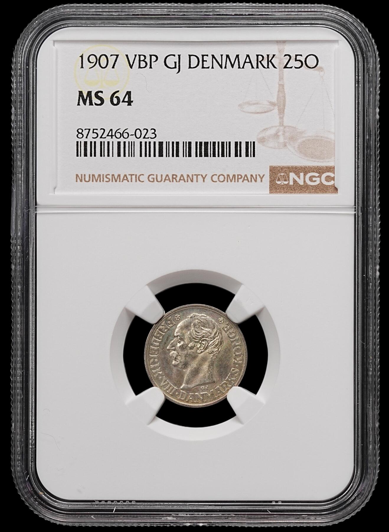 修遠堂世界钱币第111期 NGC MS64 1907年丹麦25欧尔银币