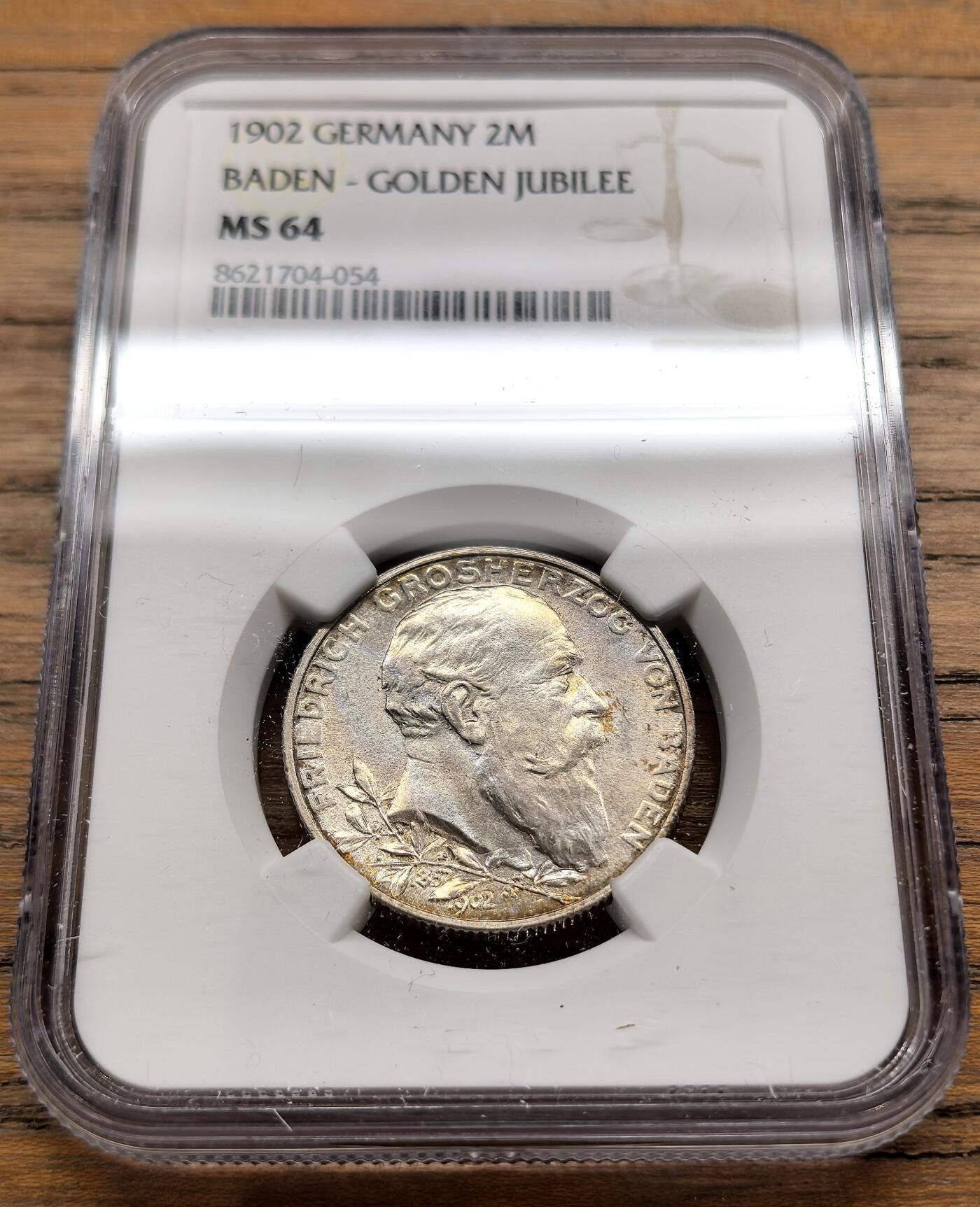 凡希社世界钱币微拍第三百二十二期 1902德国巴登2马克纪念银币NGC-MS64