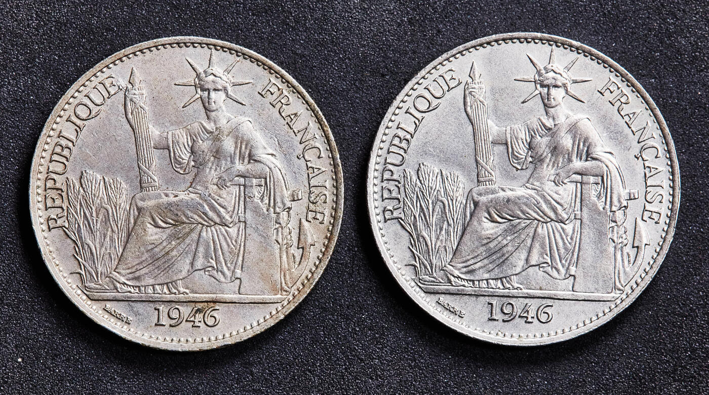 【俄甄集藏】满园春色-2026年(051)04-22星期三 晚 19:30 全场包邮 法属印度支那1946年坐洋50分镍币2枚一组，底光犹存