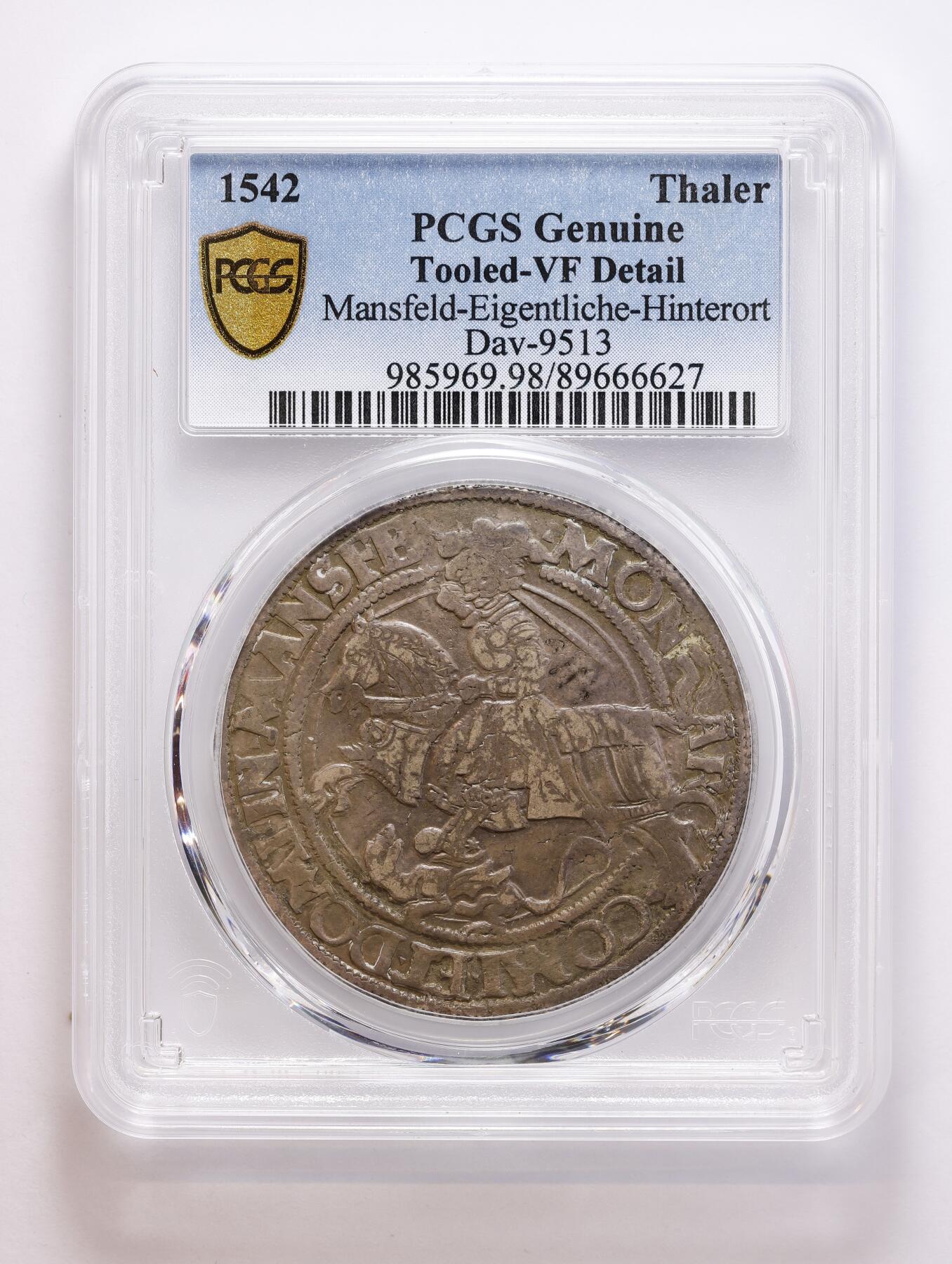观钱 近现代机制币拍卖No.008（全场顺丰包邮，不区分偏远地区）  1542 年 神圣罗马帝国 曼斯费尔德伯爵戎装骑马像 泰勒 大银币（PCGS Genuine Tooled-VF Detail）欧洲古币中的高端品类，16 世纪德国邦国泰勒币，存世量稀少