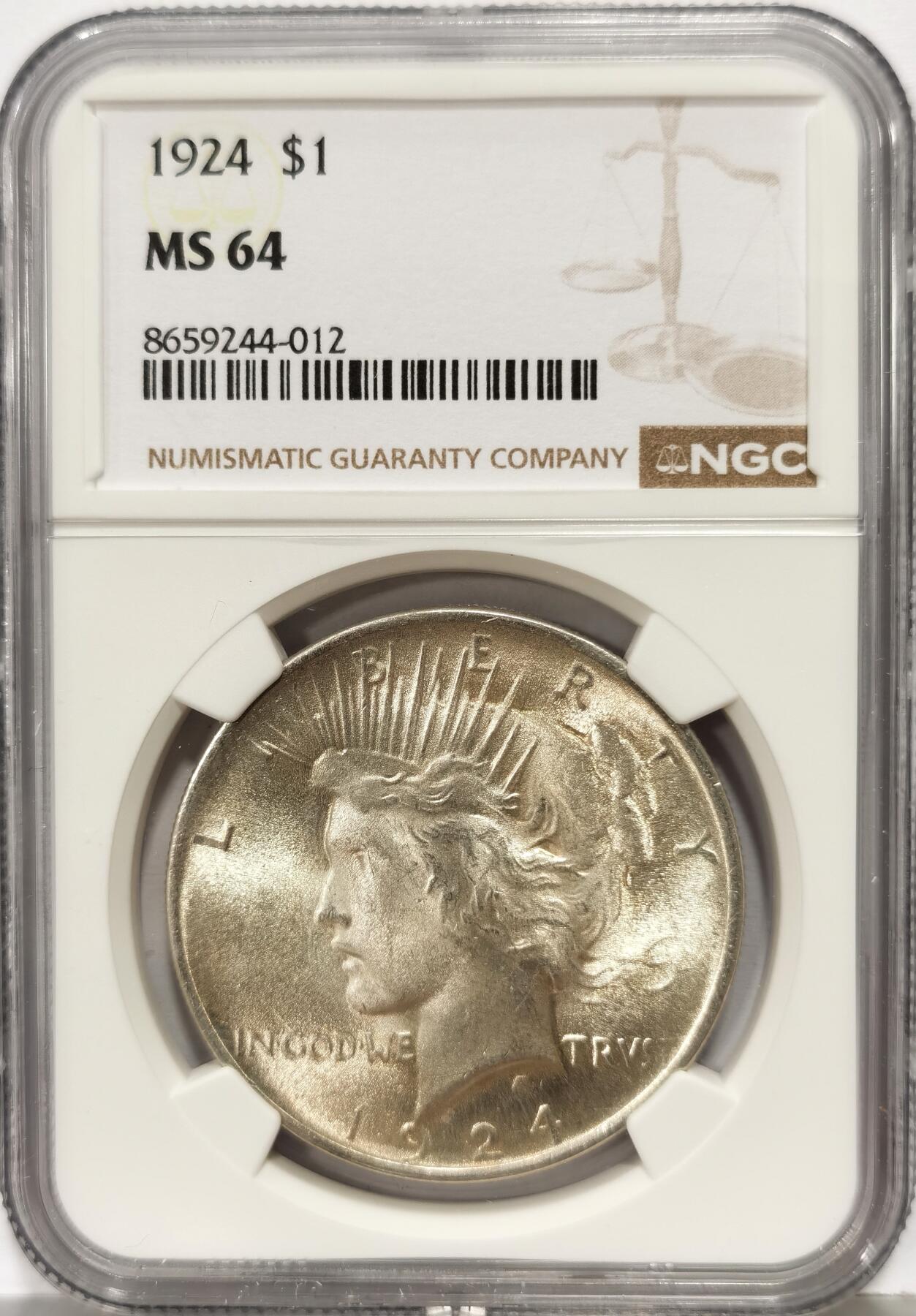 博洋堂世界钱币拍卖第168期（全场包邮） NGC MS64 美国1924年和平银币，极美卷拆全原光好品，底板状态上佳，较少见的年份，可藏状态。