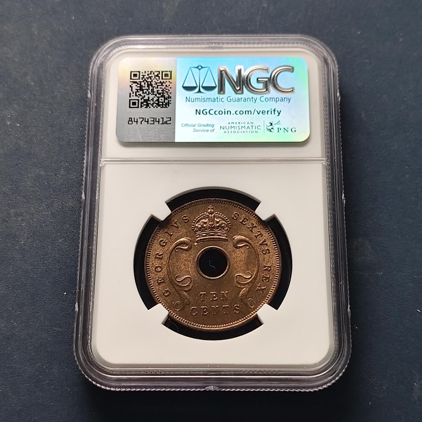 【全场包邮】纯粹捡漏拍521场 【收藏级】英属东非1952年乔治六世10分铜币-NGC MS64 RB（最高分66）