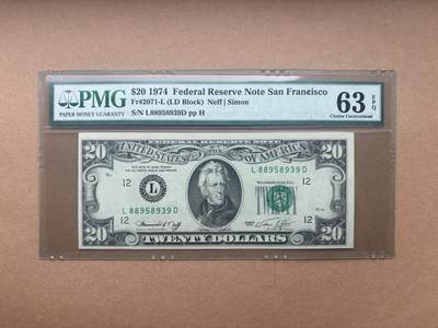 【礼羽收藏】🌏世界钱币拍卖第132期 - 1974版 20美 PMG63E 稀少年份