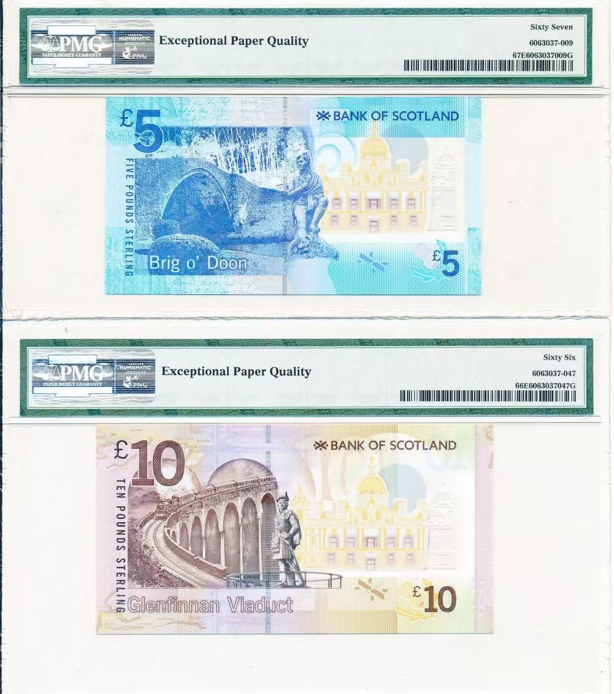 【礼羽收藏】🌏世界钱币拍卖第132期 2016年苏格兰银行5镑PMG67分&10镑PMG66分，AA首发冠冠千位全同号，号码无347