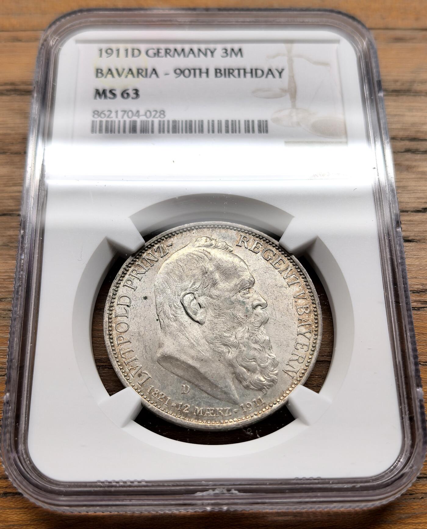 凡希社世界钱币微拍第三百二十二期 1911D德国巴伐利亚3马克纪念银币NGC-MS63