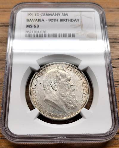 凡希社世界钱币微拍第三百二十二期 - 1911D德国巴伐利亚3马克纪念银币NGC-MS63