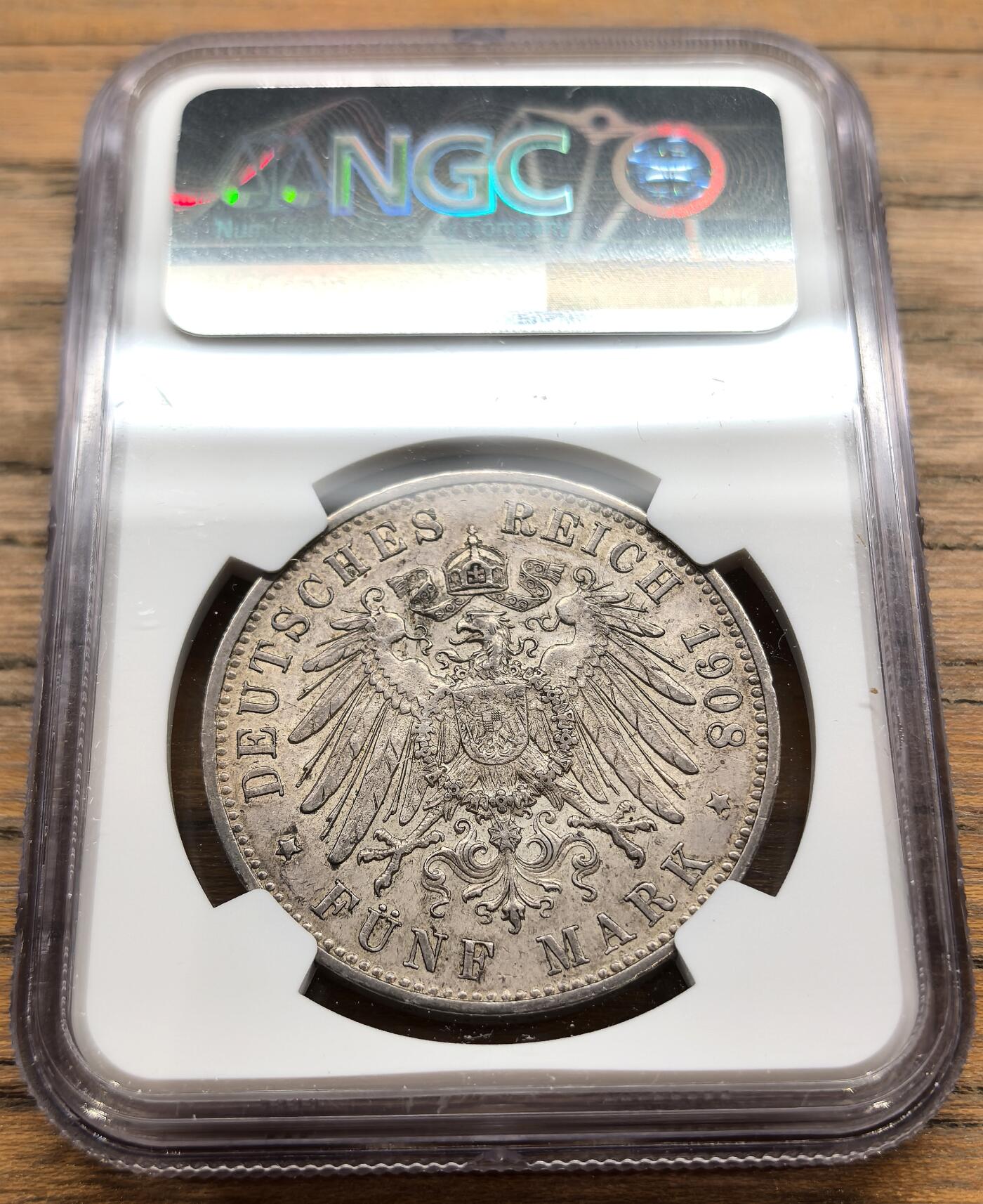 凡希社世界钱币微拍第三百二十二期 1908F德国符腾堡5马克大银NGC-AU58