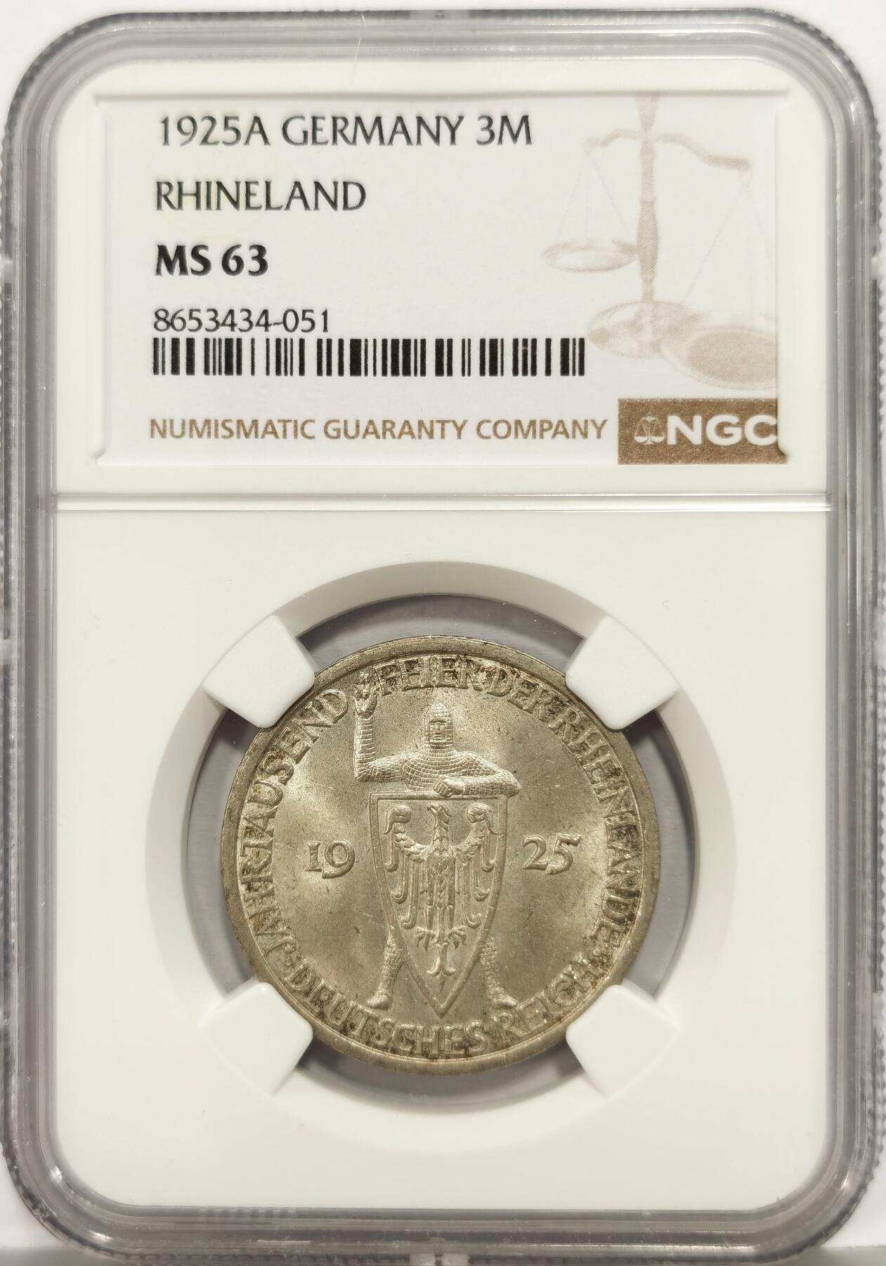 博洋堂世界钱币拍卖第168期（全场包邮） NGC MS63 德国魏玛共和国1925年D版莱茵千年3马克银币