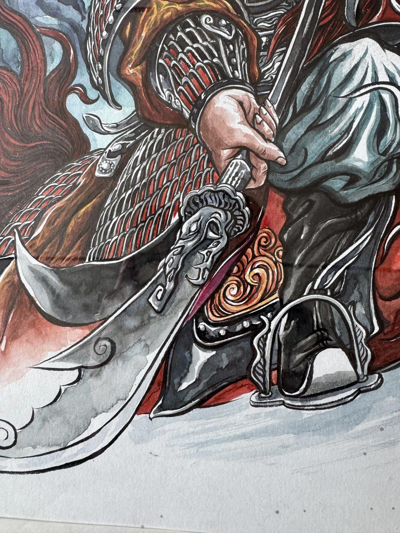 大麦马年第二场 张建东手绘画 黄忠 已装裱 尺寸：内26.5cm*38. 8外30.5cm*44.5cm 