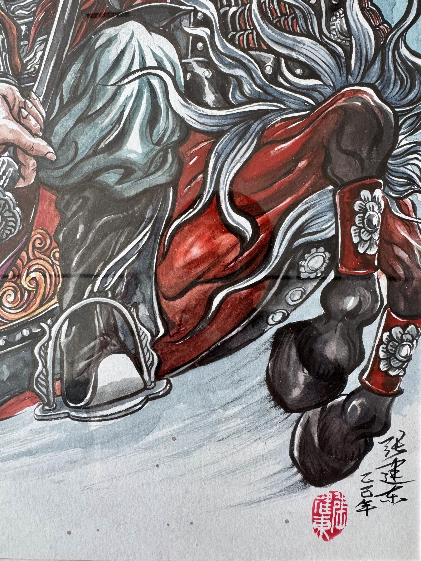 大麦马年第二场 张建东手绘画 黄忠 已装裱 尺寸：内26.5cm*38. 8外30.5cm*44.5cm 