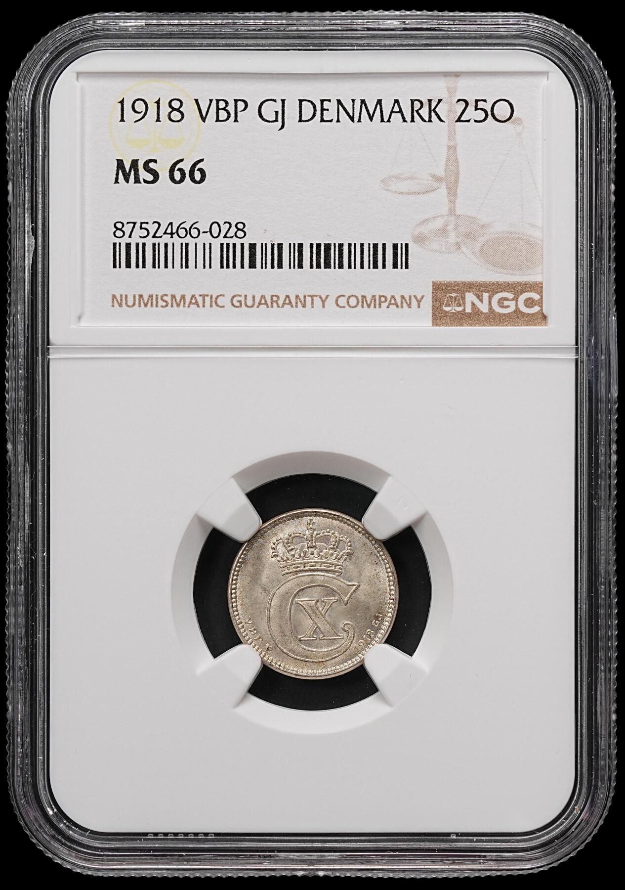 修遠堂世界钱币第111期 NGC MS66 1918年丹麦25欧尔银币