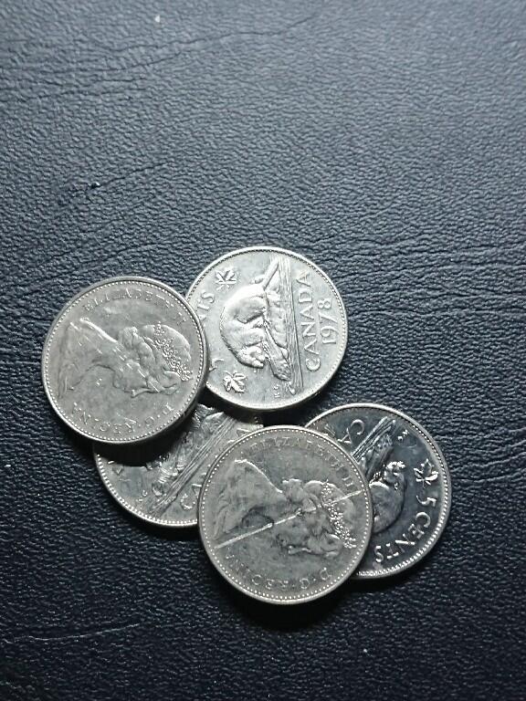 松南世界钱币——260409 加拿大河狸5分镍币5枚1