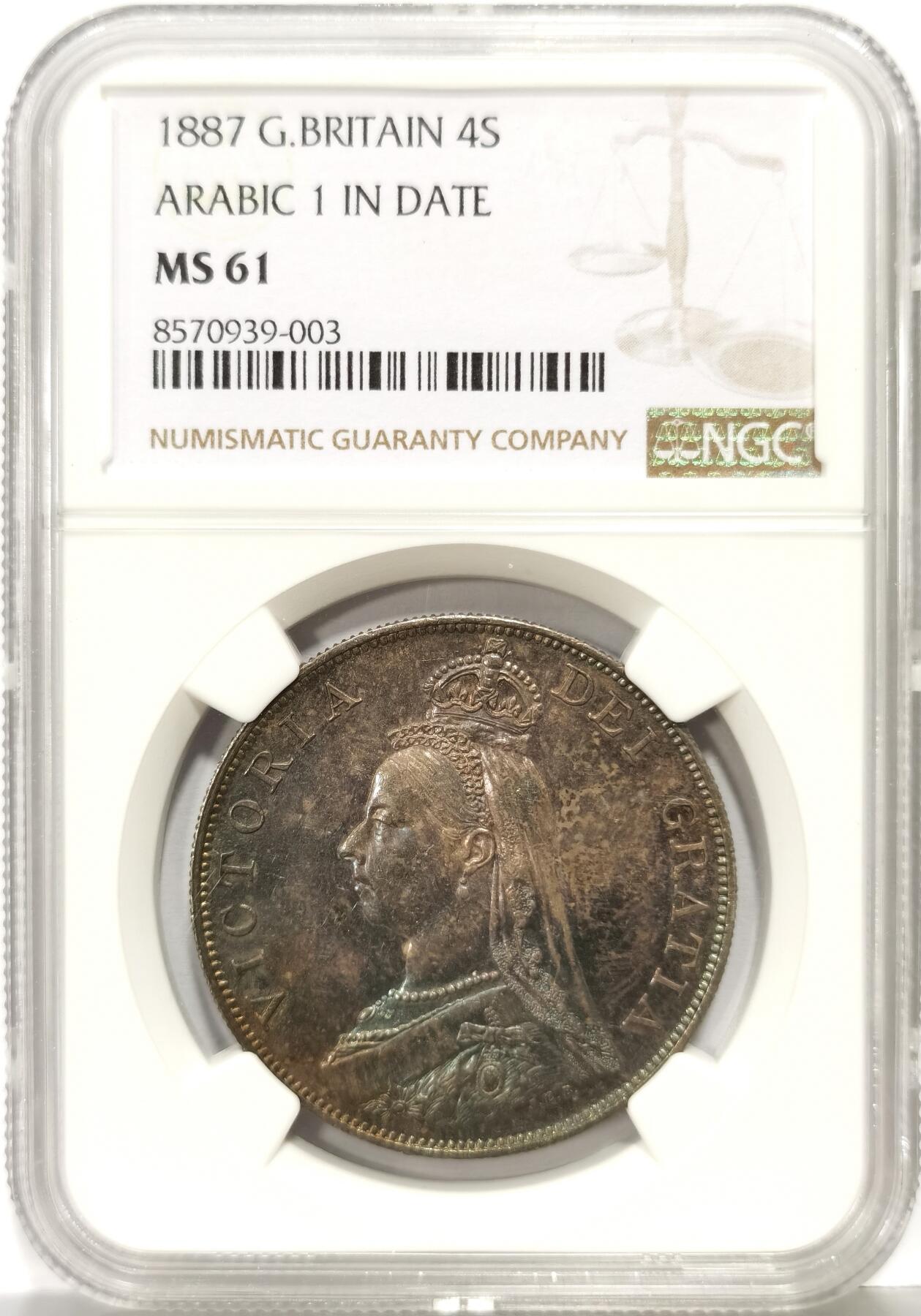 博洋堂世界钱币拍卖第168期（全场包邮） NGC MS61 英国1887年维多利亚4先令大银币，双弗罗林，紫罗兰好彩，赏心悦目，低评