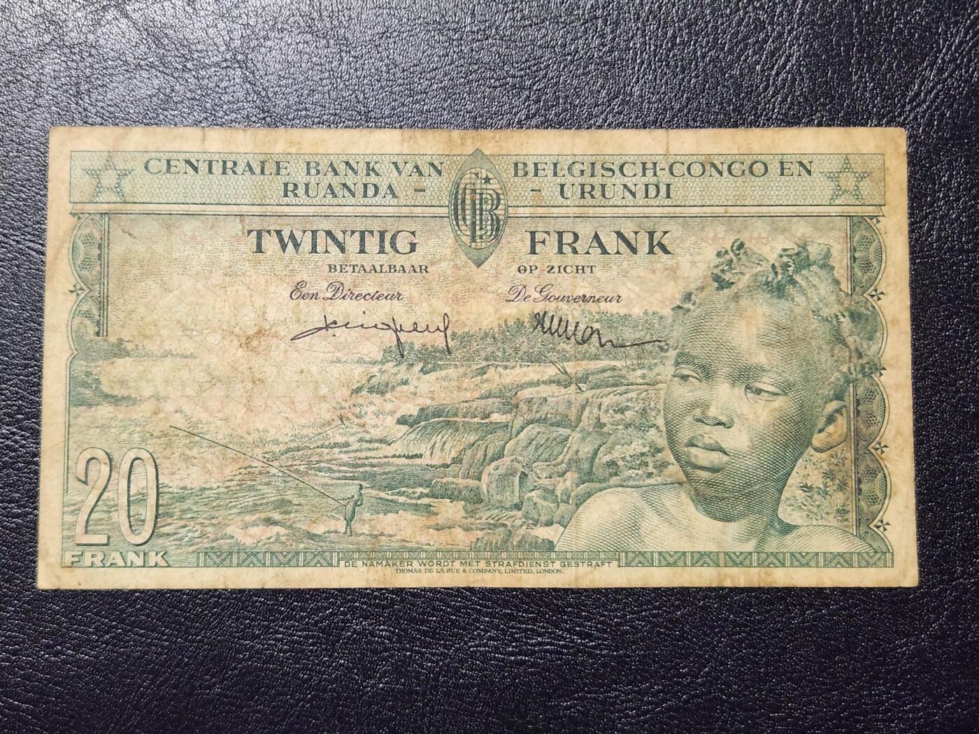 4月11号晚上8点 中外纸币自动截拍第55场 比属刚果1957年20法郎 原票美品