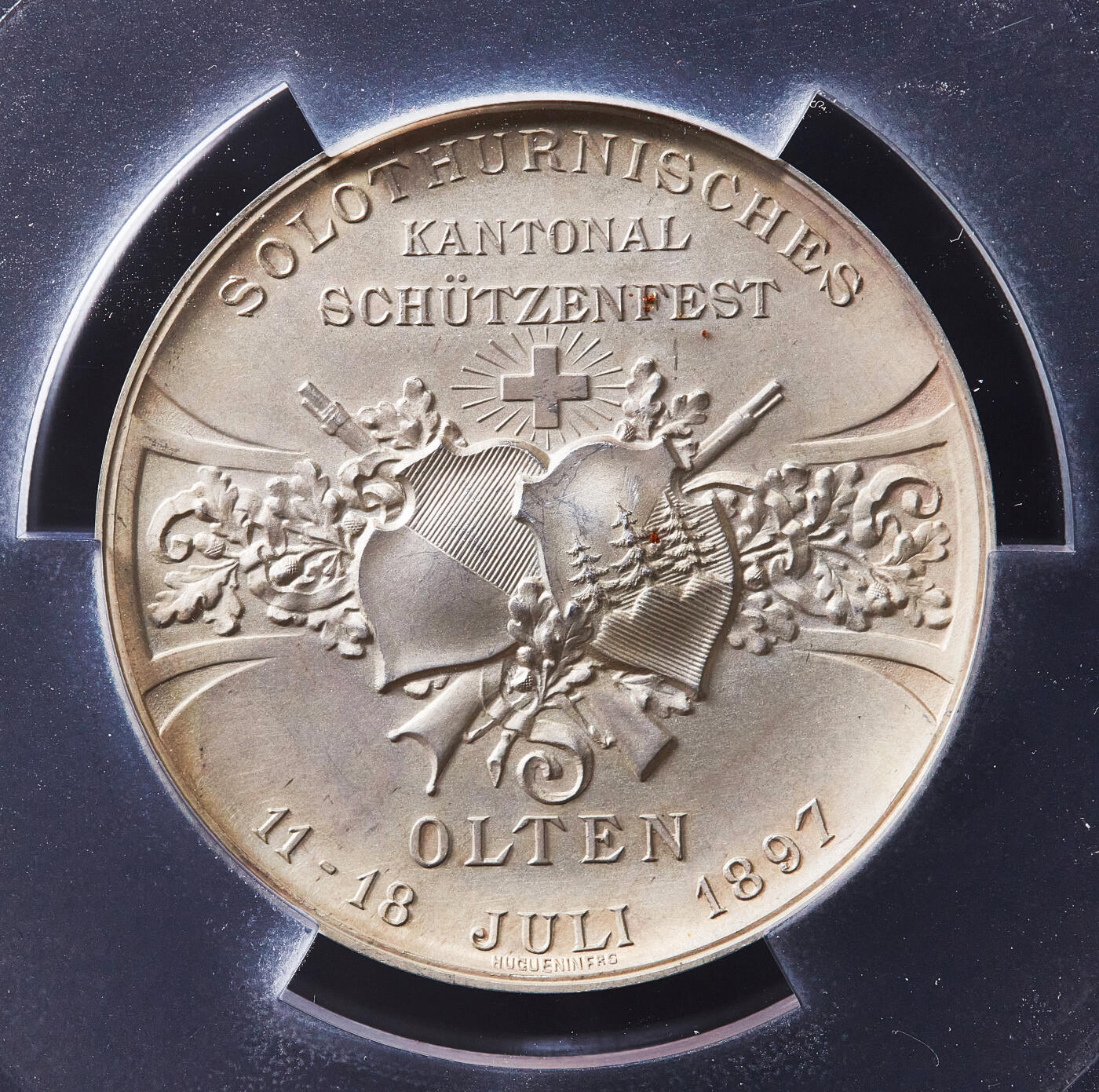 【俄甄集藏】满园春色-2026年(051)04-22星期三 晚 19:30 全场包邮 瑞士1897年纪念索洛图恩-奥尔滕射击节大银章，PCGS SP63，黄油彩包浆，高浮雕，经典品种，直径：45mm