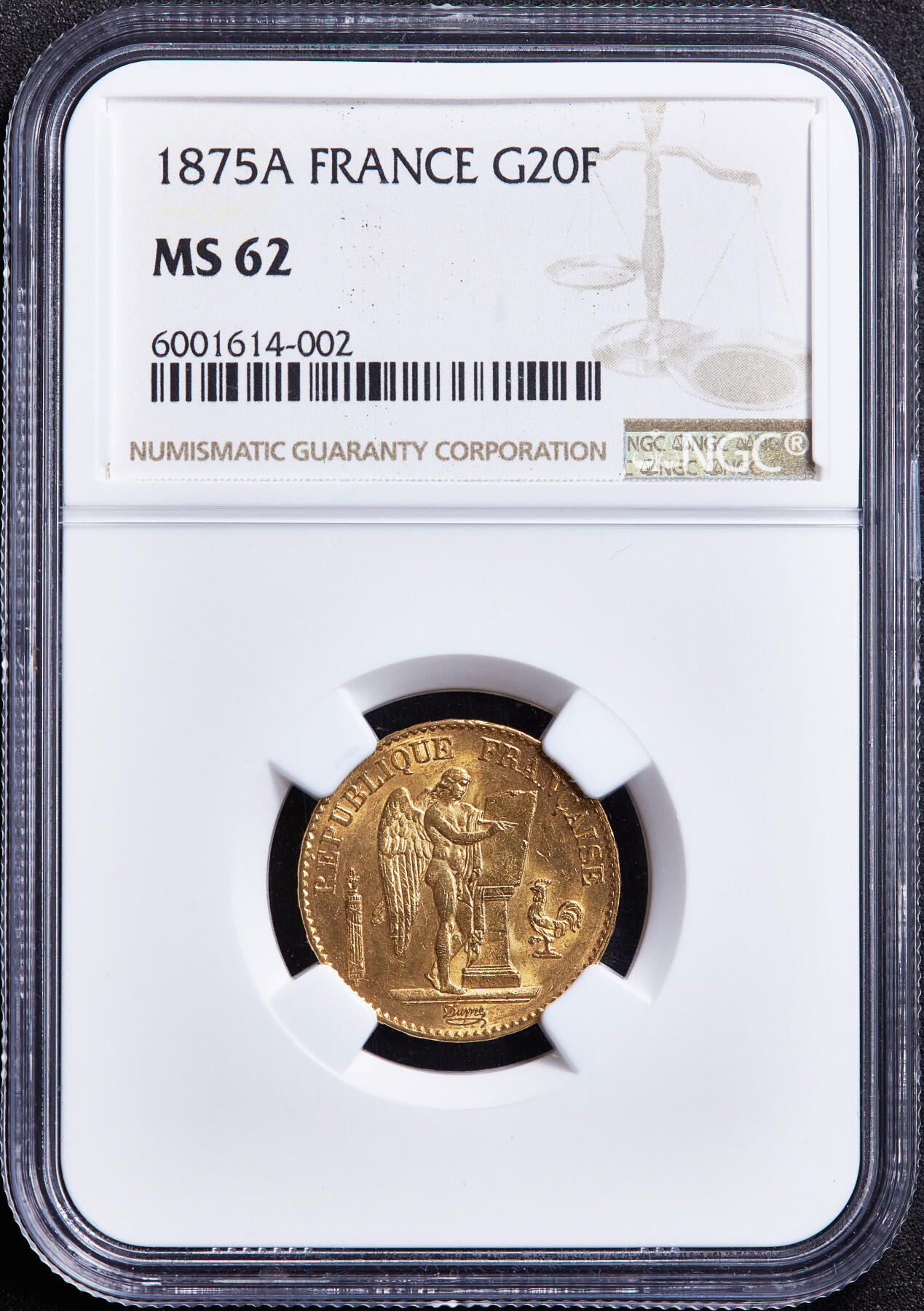 【俄甄集藏】满园春色-2026年(051)04-22星期三 晚 19:30 全场包邮 法国1875年第三共和国A版天使20法郎金币，NGC MS62，重6.4516克，900金，转光品相