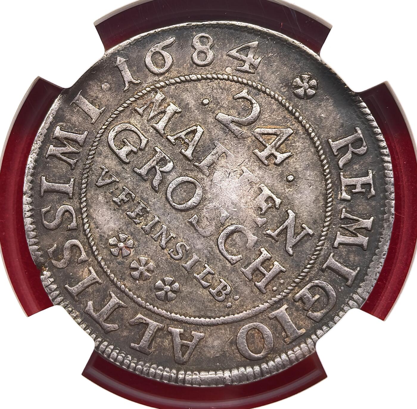 凡希社世界钱币微拍第三百二十二期 1684德国不伦瑞克-沃尔芬堡公国野人24MG大银NGC-AU58