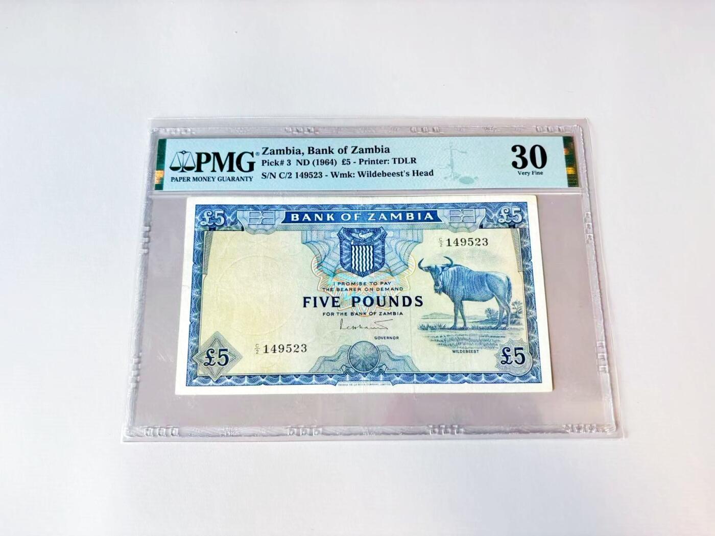 【Blue Auction】世界纸币精拍第808期——18级TOP拍卖/信誉/品质/专业/高效💫 【p3】赞比亚 1964年5镑 经典角马 维多利亚大瀑布 PMG30