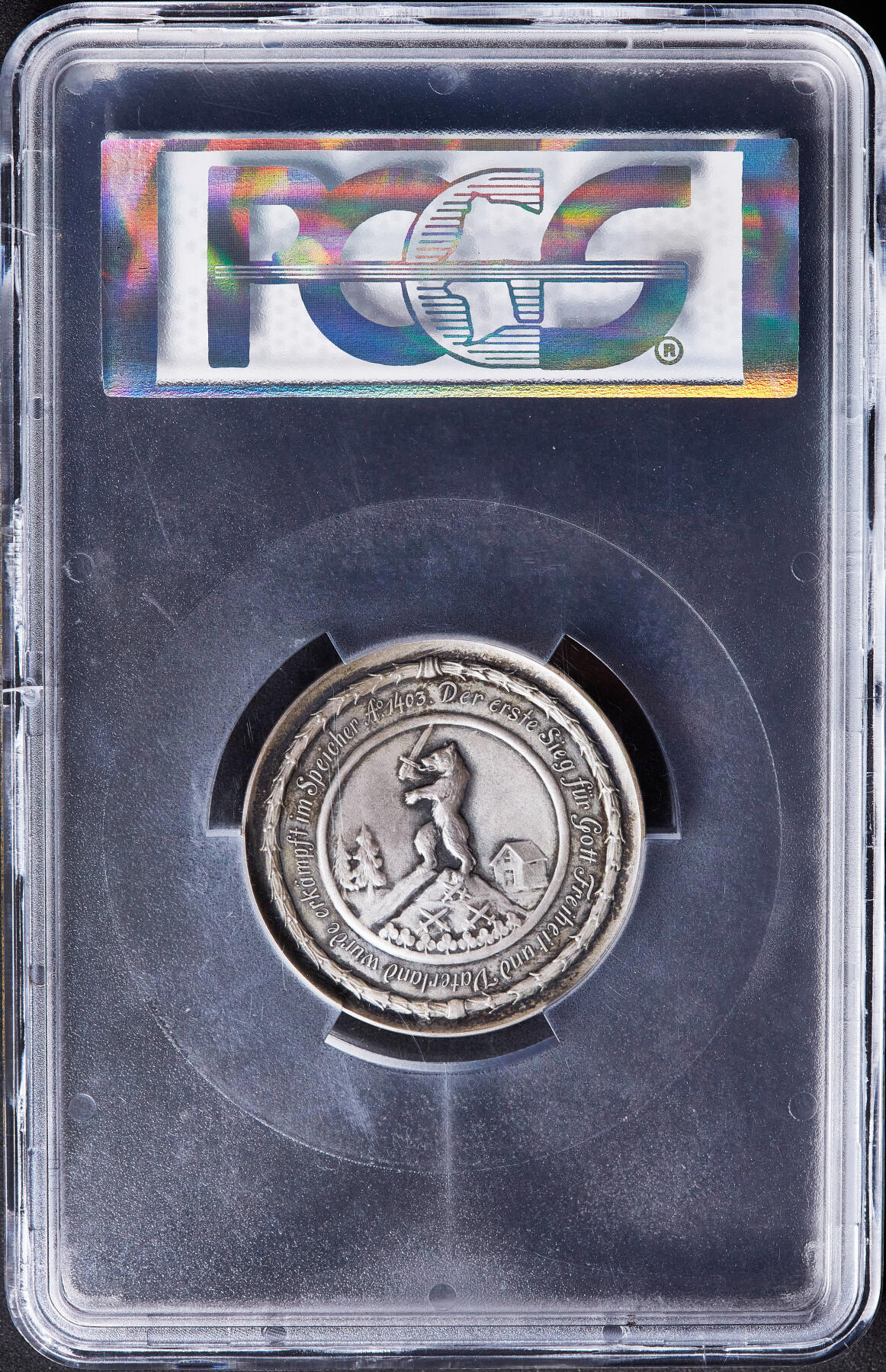 【俄甄集藏】满园春色-2026年(051)04-22星期三 晚 19:30 全场包邮 瑞士1903年纪念反抗哈布斯堡王朝弗格林塞格战役500周年大银章，PCGS SP63，黄油酱彩老包浆，高浮雕，设计精美，稀有品种，冠军分数，直径：45mm