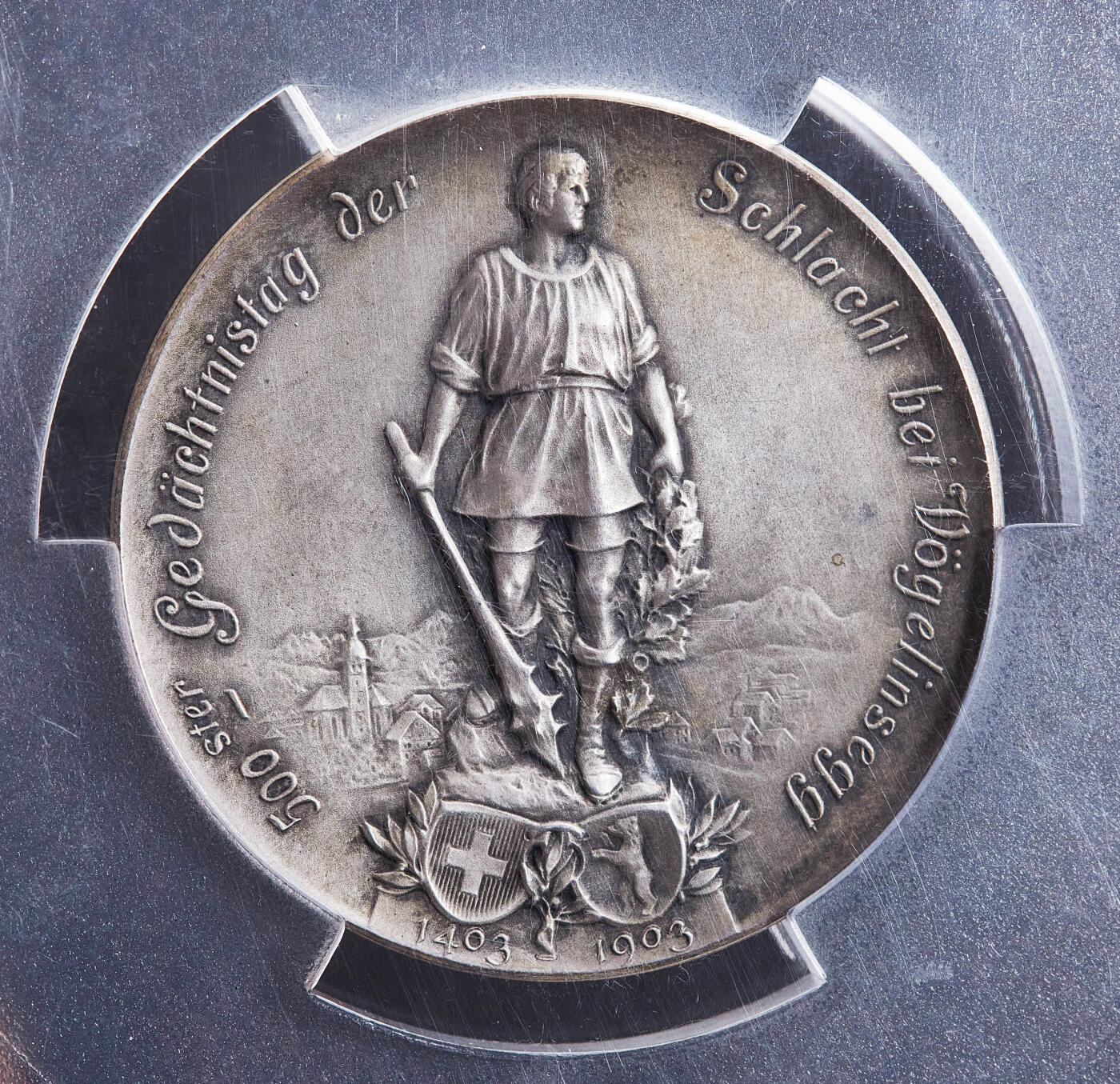 【俄甄集藏】满园春色-2026年(051)04-22星期三 晚 19:30 全场包邮 瑞士1903年纪念反抗哈布斯堡王朝弗格林塞格战役500周年大银章，PCGS SP63，黄油酱彩老包浆，高浮雕，设计精美，稀有品种，冠军分数，直径：45mm