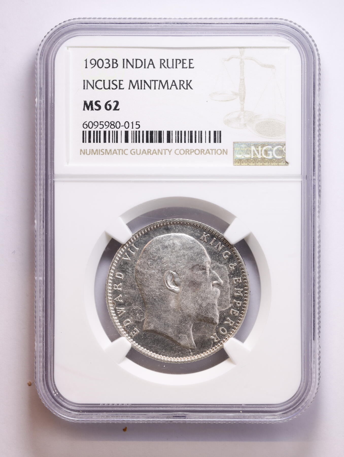 观钱 近现代机制币拍卖No.008（全场顺丰包邮，不区分偏远地区）  1903-B 英属印度爱德华七世 1 卢比银币（阴文厂标版）NGC MS62 1903-B 阴文厂标版是爱德华七世卢比的早期稀有版别，阴文厂标是孟买造币厂的特殊打制工艺，存世量远少于常规阳文厂标版